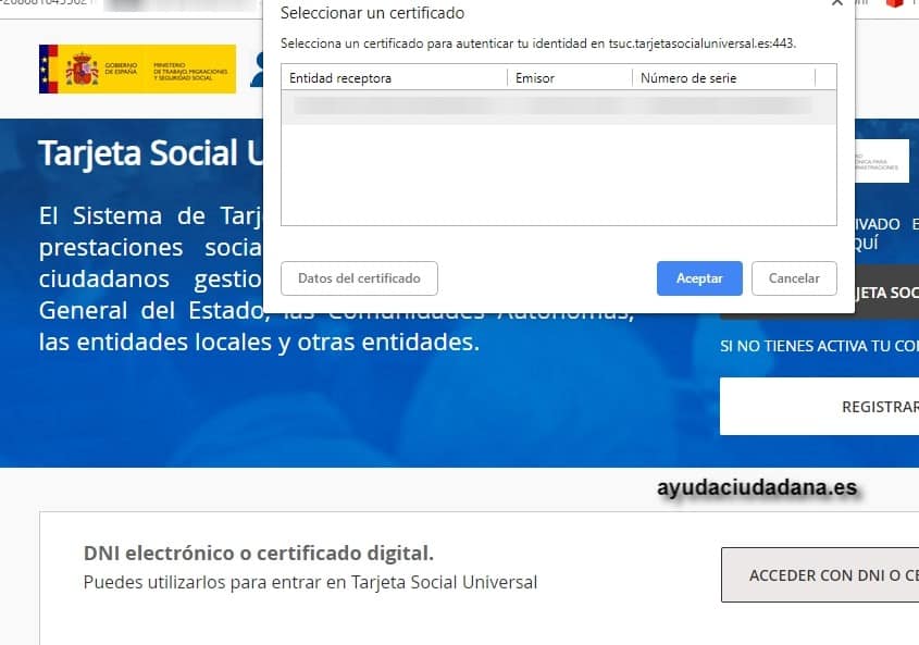 acceso con certificado electrónico en la tarjeta social universal